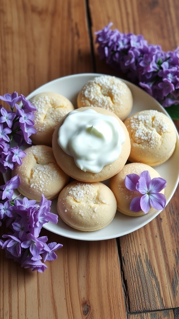 A plate of lilac cookies with yogurt cream, garnished with lilac flowers on a wooden table.